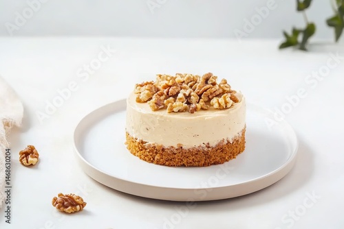 Wallpaper Mural Photo of a sleeved cake on a white plate, decorated with walnuts and cream cheese frosting, placed in the center of the table, in a close-up, top-down perspective, against a white background. Torontodigital.ca