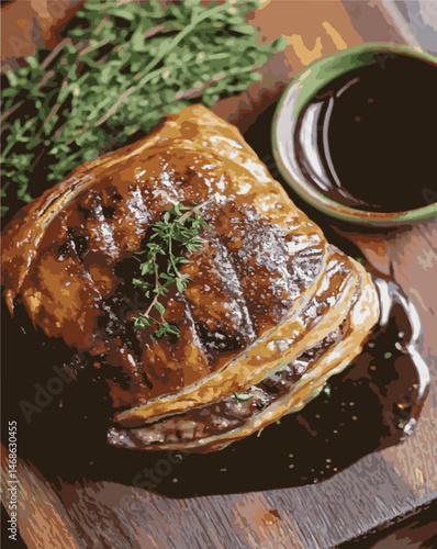 Beef Wellington vector illustration. Realistic gourmet dish with golden puff pastry and beef tenderloin. Perfect for restaurant menus, recipe books, and culinary design projects.