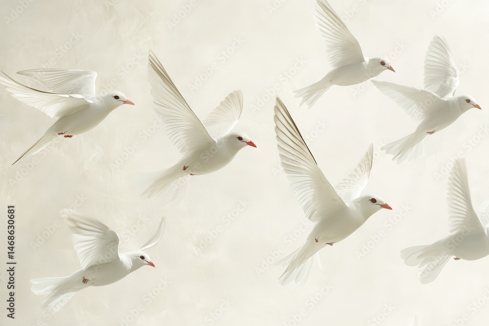 Fototapeta premium Seven white doves fly against a soft, light-filled background. Perfect for projects that need freedom, peace, or spirituality.