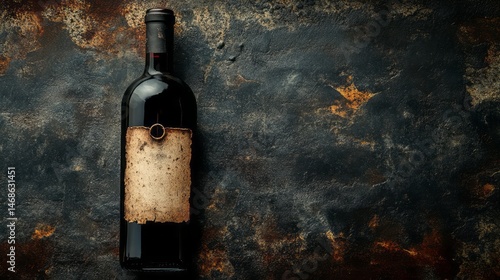 Aged wine bottle with distressed label on rustic surface.
