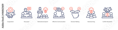 Collaborative Communication web banner icon sheet vector cooperation, discussion, motivational speech, effective communication, decision making, brainstorming, conflict resolution