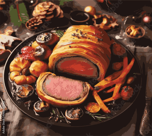 Beef Wellington vector illustration. Realistic gourmet dish with golden puff pastry and beef tenderloin. Perfect for restaurant menus, recipe books, and culinary design projects.