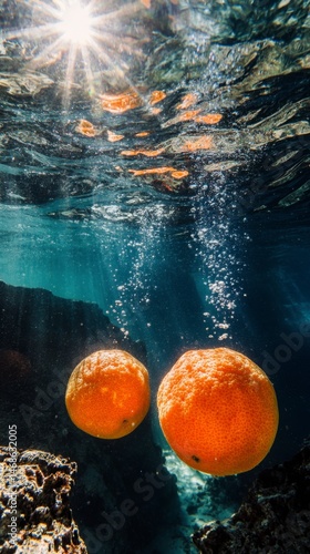 Wallpaper Mural Underwater Oranges Floating Near Rocky Seabed in Sunlit Ocean Torontodigital.ca