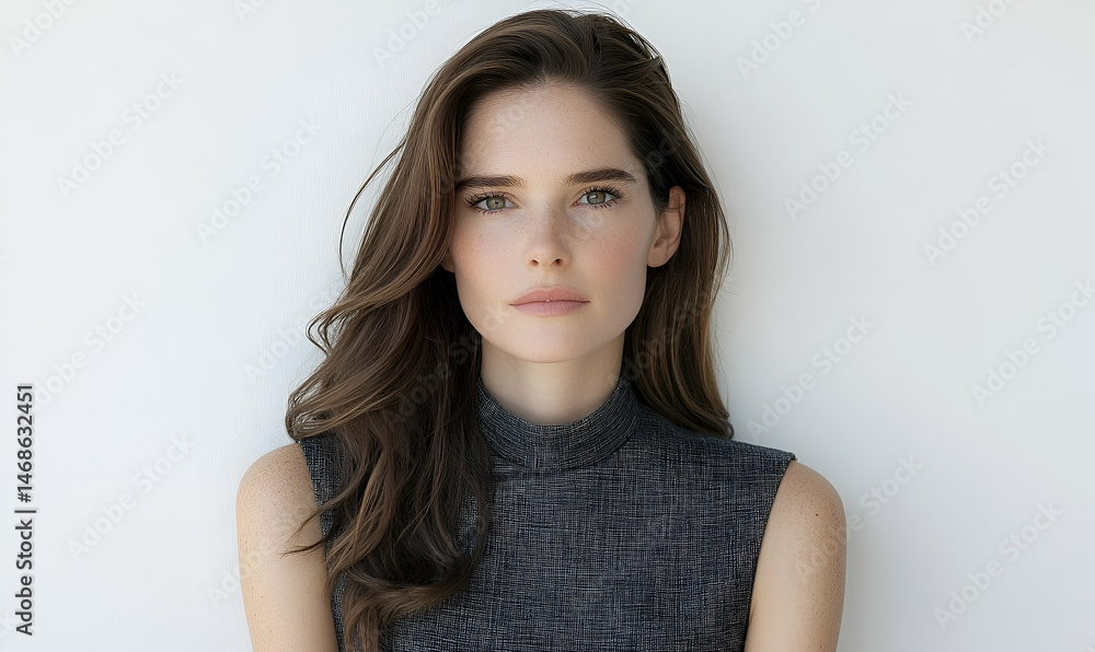 Portrait of a Young Woman with Brown Wavy Hair Against a White Background Portrait of a Young Woman with Brown Wavy Hair Against a White Background