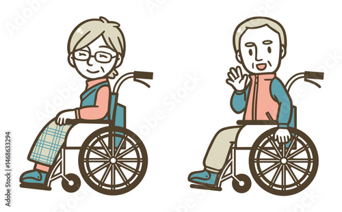 車椅子に乗る笑顔の高齢者男女のイラスト（医療・介護・福祉）