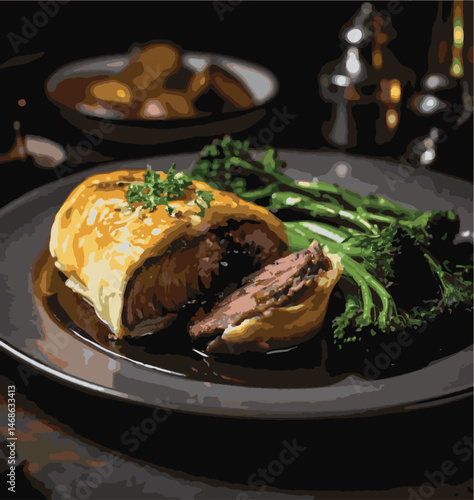 Beef Wellington vector illustration. Realistic gourmet dish with golden puff pastry and beef tenderloin. Perfect for restaurant menus, recipe books, and culinary design projects.