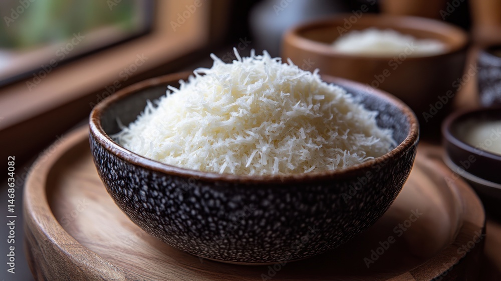 Grated cheese in a bowl on a wooden tray with other bowls. Grated cheese in a bowl on a wooden tray with other bowls.