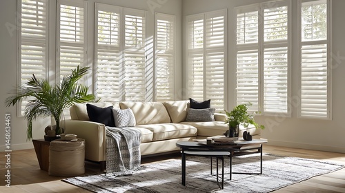 Modern living room with a beige sofa, black accents, and natural light streaming through white plantation shutters
