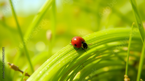 a little red ladybug crawling on the green grass in a spiral in the summer Sunny meadow