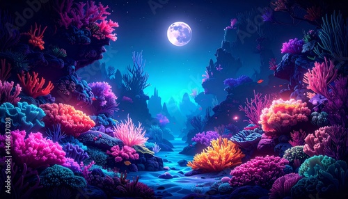 Fototapeta Naklejka Na Ścianę i Meble -  Enchanting underwater world a vibrant coral reef under a full moon with colorful corals and mysterious ocean depths creating a magical seascape
