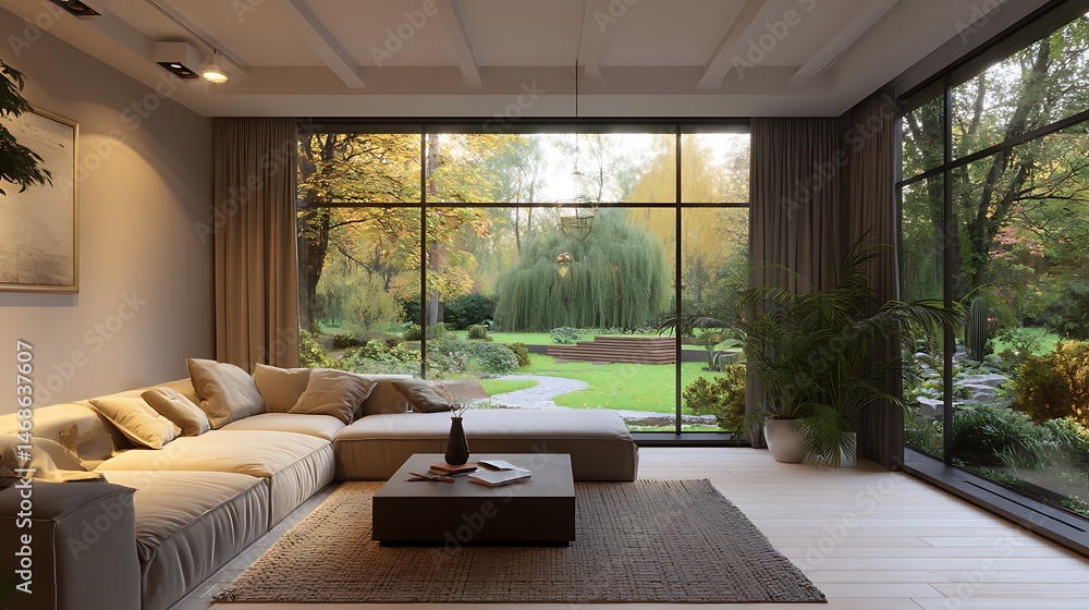 Fototapeta premium Modern living room with minimalist decor and large windows overlooking a garden