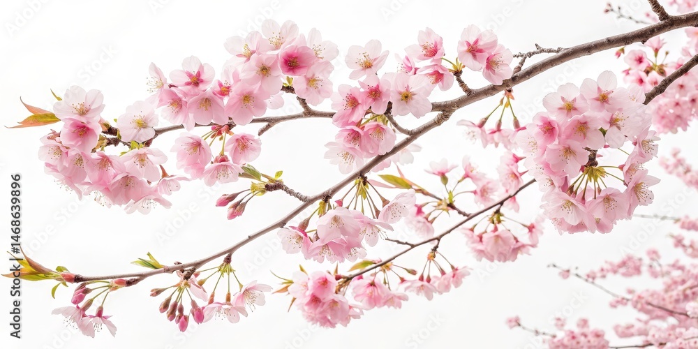 Pink Cherry Blossoms Branch on White, Spring , Floral Pink Cherry Blossoms Branch on White, Spring , Floral