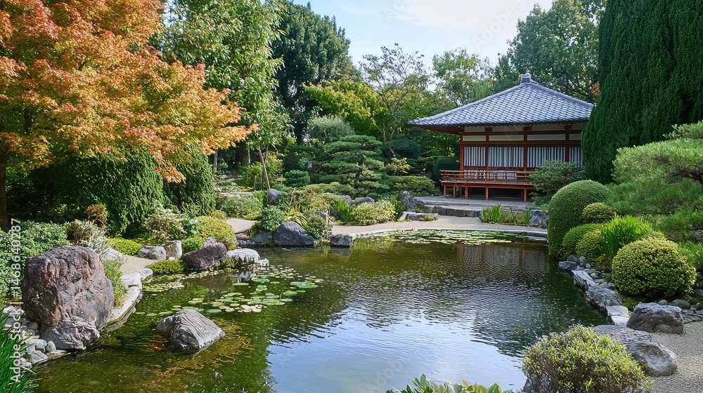 Japanese Style Pavilion Reflected in a Pond with Green Trees and Plants in a Serene and Tranquil Garden on a Sunny Day Japanese Style Pavilion Reflected in a Pond with Green Trees and Plants in a Serene and Tranquil Garden on a Sunny Day