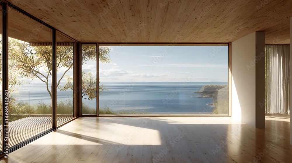 Obraz premium Modern minimalist architecture featuring a coastal view with natural light and wood accents