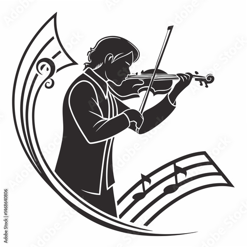  vector icon of a person playing violin, black silhouette, white background, minimalist design