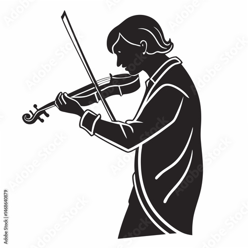  vector icon of a person playing violin, black silhouette, white background, minimalist design