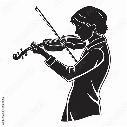  vector icon of a person playing violin, black silhouette, white background, minimalist design