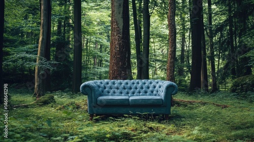Sofa placed in middle of thick forest