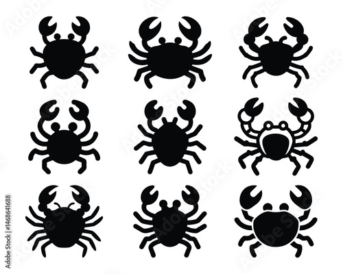 Black crab silhouettes in various styles on white background for marine life designs