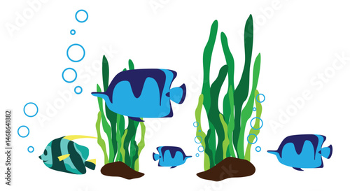 Tropical Fish and Seaweed - Underwater Flat Vector Illustration.