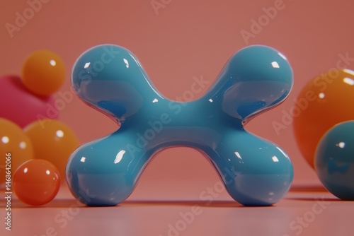 3D rendered,  vibrant,  geometric  shapes,  a  light  blue  X  form,  surrounded  by  various  colored  spheres,  on  a  pastel  pink  background