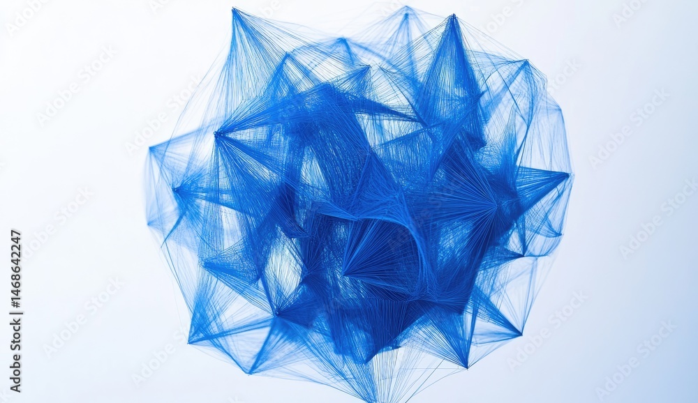 Intricate blue thread sculpture, complex geometric form Intricate blue thread sculpture, complex geometric form