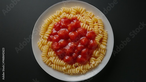 A dish of pasta with a tomato sauce, top view.