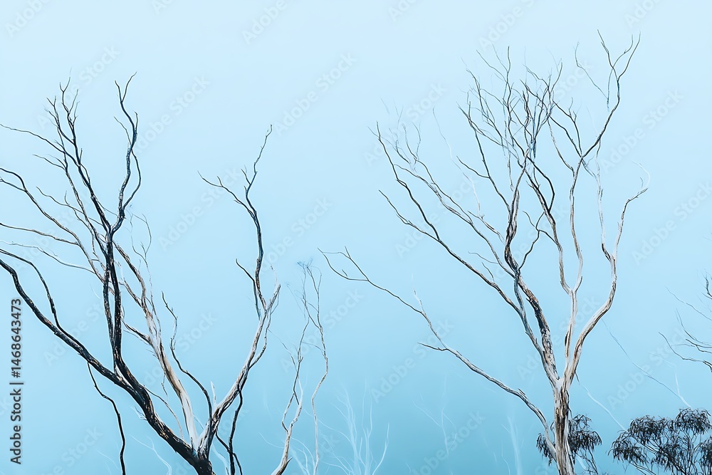 Obraz premium Misty Morning Scene with Bare Branches of Trees in a Pale Blue Sky Nature