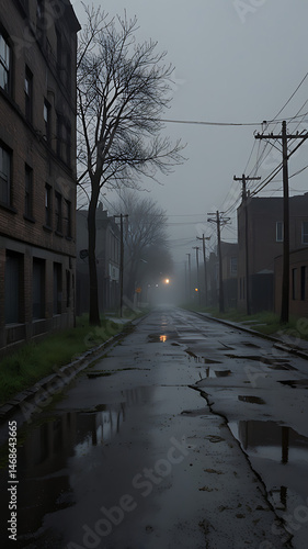 <Mysterious Foggy Night: Urban Street View with Gritty Downtown Reflection and Atmospheric Light>