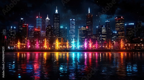 Wallpaper Mural A beautiful nighttime skyline reflecting colorful city lights on water Torontodigital.ca