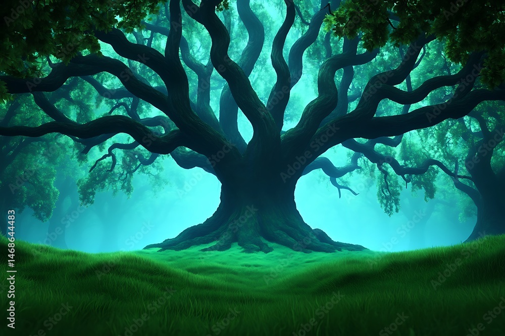 Fototapeta premium Majestic Ancient Oak Tree in Enchanting Misty Forest Scene A breathtaking view of nature's wonder