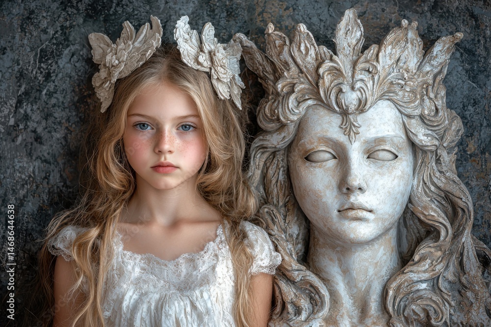 Obraz premium Elegant Girl with Floral Crown Next to Artistic Sculpture