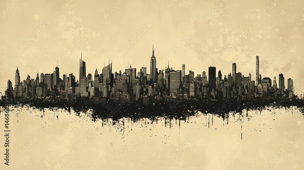 Fototapeta premium A monochrome illustration depicting an urban city skyline with grunge effects