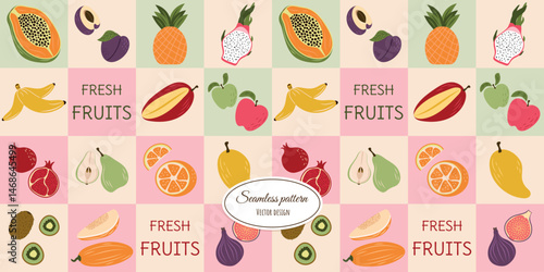 Modern seamless checkered pattern with hand-drawn fresh fruits and flat-style lettering. Vector design.