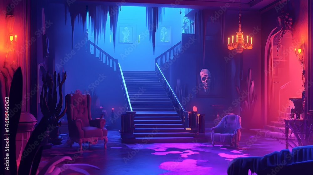 A dimly lit, gothic mansion interior with vibrant neon lighting. A dimly lit, gothic mansion interior with vibrant neon lighting.