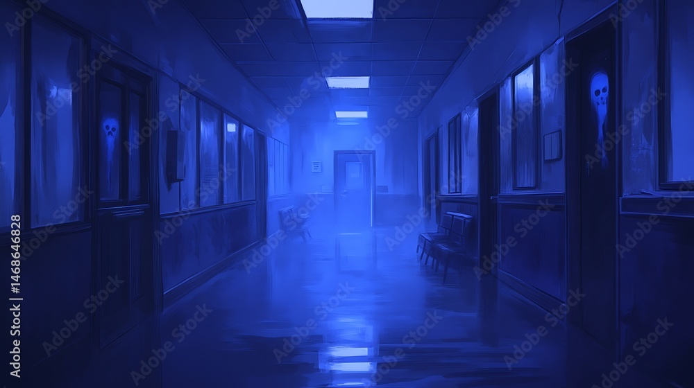 A dimly lit, eerie hospital corridor at night. A dimly lit, eerie hospital corridor at night.
