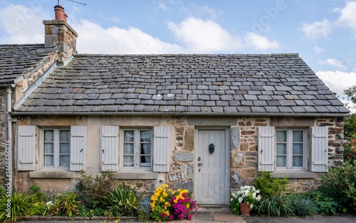 Provence, France Countryside & Vineyards, Quaint stone cottage with slate roof and flowers