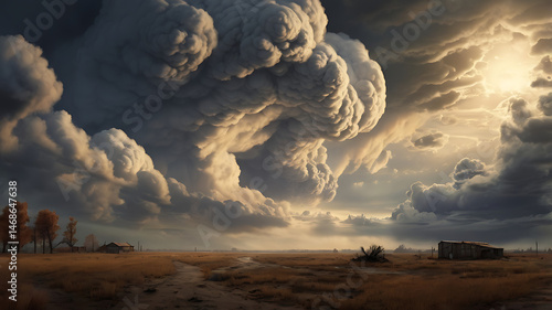 Sunset Drama over Rural Fields: Captivating Cloud Formations and Scenic Beauty