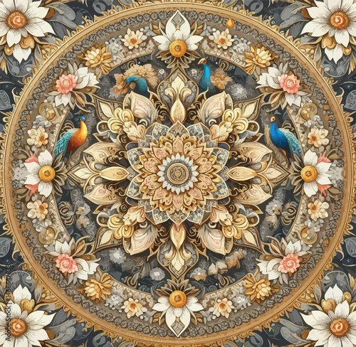 Ornate Mandala with Floral and Peacock Motifs – Luxurious Decorative Pattern Featuring Gold Details, Flowers, and Birds, Perfect for Textile Design, Wall Art, Invitations, and Elegant Projects