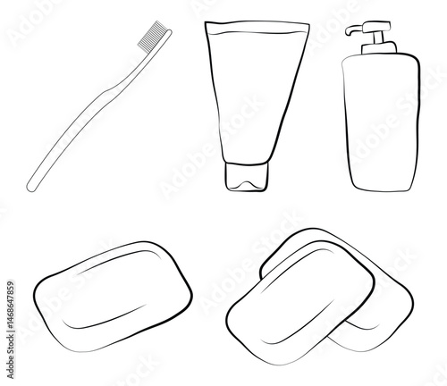 Toothbrush and Soap - Outline Vector Illustration.