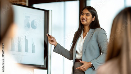Indian Businesswoman Presenting with Confidence Beside Digital Monitor
