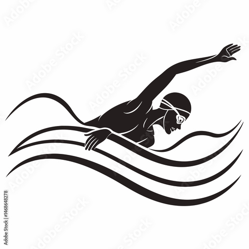 vector icon of a person swimming in a pool, black silhouette, white background, clean and modern design