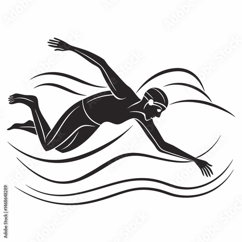 vector icon of a person swimming in a pool, black silhouette, white background, clean and modern design