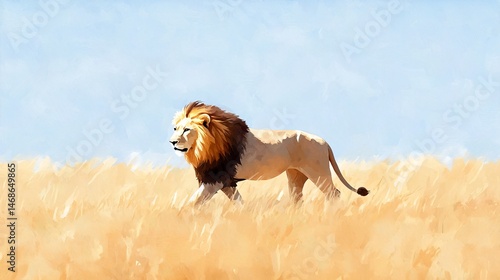 Elegant watercolor of a lion walking through soft savannah grass, partially abstract background with loose brush strokes and faded sky, empty space preserved above and around the subject