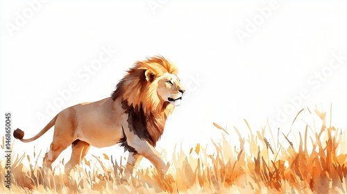 Lone watercolor lion in the savannah at dawn, muted golden palette, sunlit background blending into white, soft brush textures and space preserved for layout