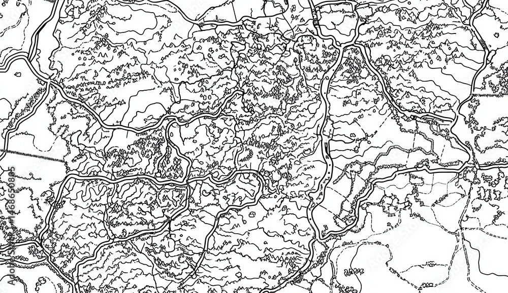 Naklejka premium Detailed topographic map of a mountainous region. Complex network of roads and contours
