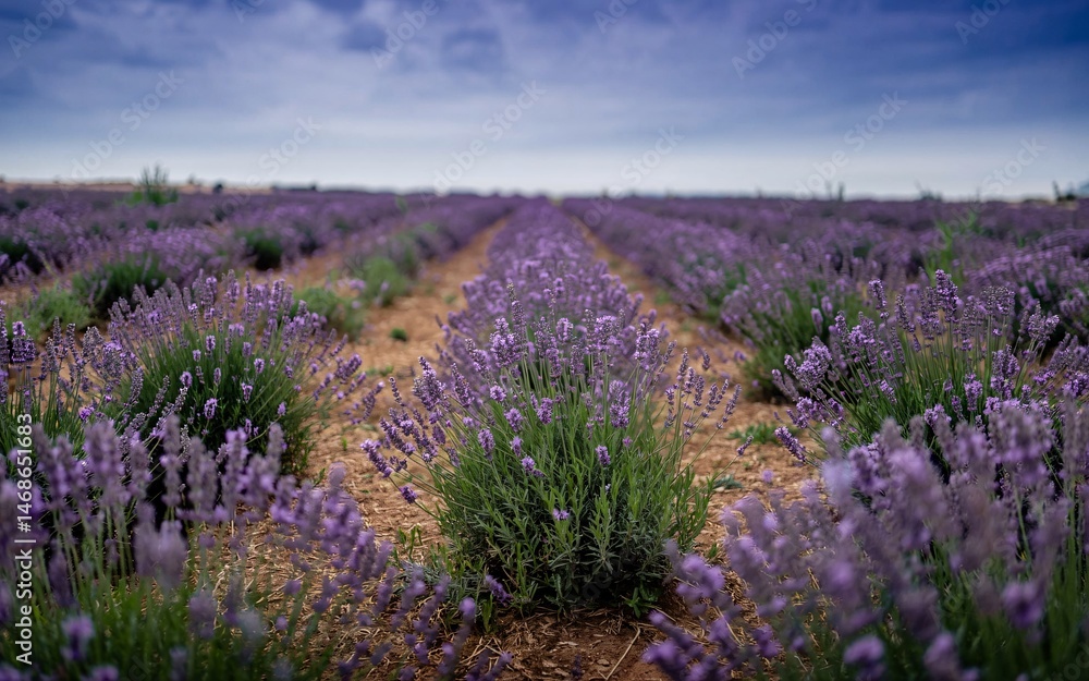 Obraz premium Provence, France Countryside & Vineyards, Lavender field rows under dramatic sky