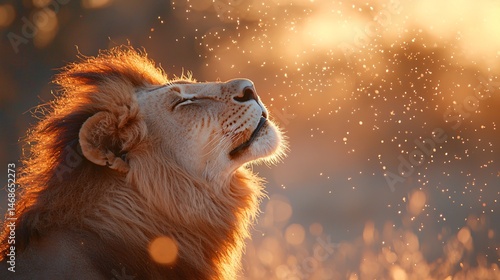 Side profile of a lion roaring into the sky, mane lit like fire against soft glowing sky, no background clutter, strong jawline and fur movement emphasized