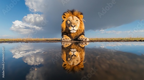 lion lying peacefully near waterhole with wide empty sky above, reflection in water visible, open grassland behind, quiet midday ambiance, relaxed body language