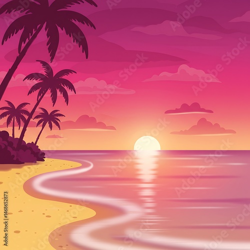 Pink Sunset Tropical Beach Scene, Palm Trees, Ocean